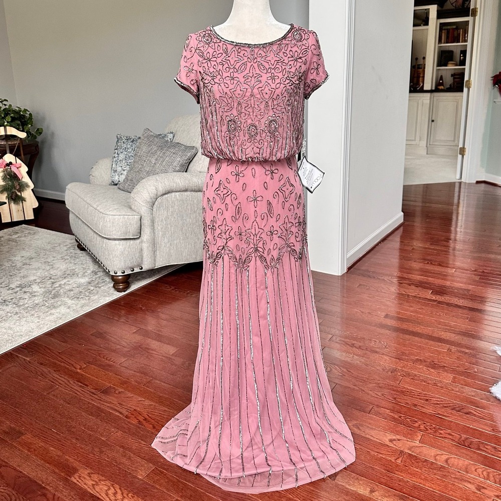 NWT Adrianna Papell Deep Rose Embellished Short Sleeve Gown Dress Size 8